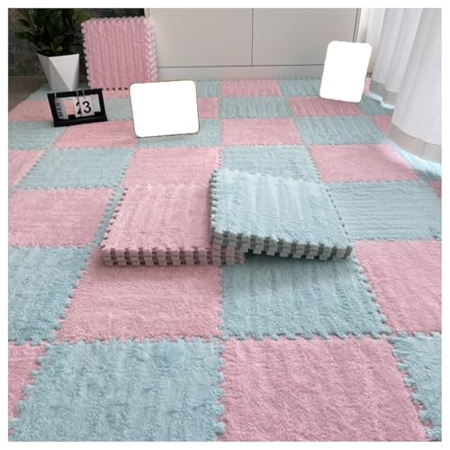 10-teilige ineinander greifende Bodenmatte aus Plüschschaum, zuschneidbare weiche Spielmatte, Flauschige Teppichquadrate mit Rand, Puzzlematten für den Zimmerboden, 30 x 30 cm (Farbe: Rosa + Hellblau von MYRDBT