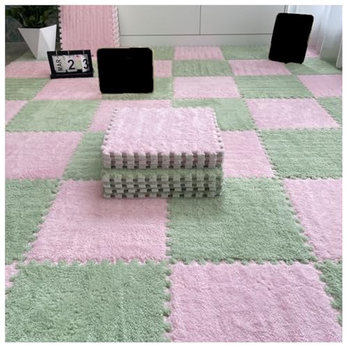 10-teilige ineinander greifende Bodenmatte aus Plüschschaum, zuschneidbare weiche Spielmatte, Flauschige Teppichquadrate mit Rand, Puzzlematten für den Zimmerboden, 30 x 30 cm (Farbe: Rosa + Grün) von MYRDBT