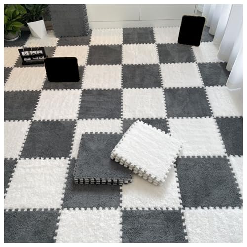 10-teilige ineinander greifende Bodenmatte aus Plüschschaum, zuschneidbare weiche Spielmatte, Flauschige Teppichquadrate mit Rand, Puzzlematten für den Zimmerboden, 30 x 30 cm (Farbe: Weiß + Grau) von MYRDBT