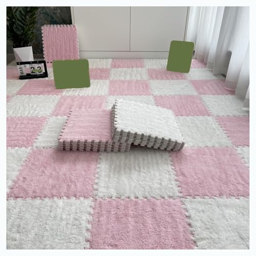 10-teilige ineinander greifende Bodenmatte aus Plüschschaum, zuschneidbare weiche Spielmatte, Flauschige Teppichquadrate mit Rand, Puzzlematten für den Zimmerboden, 30 x 30 cm (Farbe: Weiß + Pink) von MYRDBT