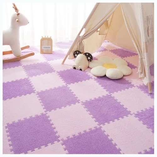 Plüschschaum-Bodenfliesen, 10 Stück 30 x 30 cm quadratische Patchwork-Teppiche, Puzzle-Schaumstoff-Bodenmatte, Flauschige ineinander greifende Teppichfliesen, Spielmatte für die Wohnheimdekoration (F von MYRDBT