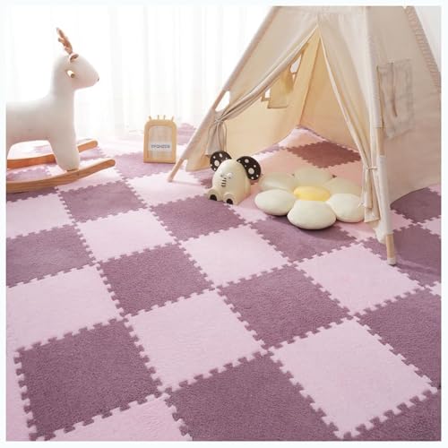 Plüschschaum-Bodenfliesen, 10 Stück 30 x 30 cm quadratische Patchwork-Teppiche, Puzzle-Schaumstoff-Bodenmatte, Flauschige ineinander greifende Teppichfliesen, Spielmatte für die Wohnheimdekoration (F von MYRDBT