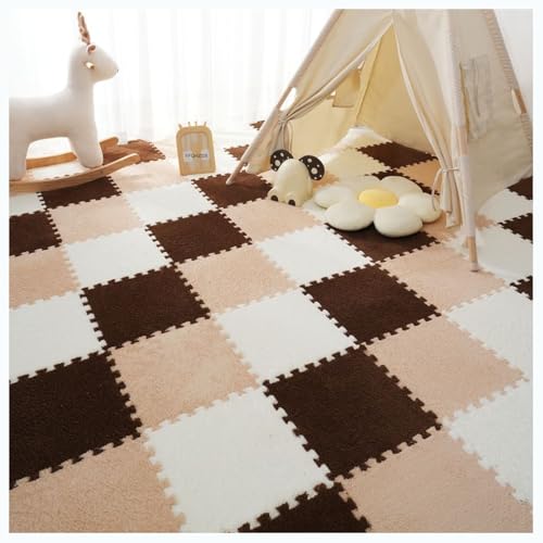 Plüschschaum-Bodenfliesen, 10 Stück 30 x 30 cm quadratische Patchwork-Teppiche, Puzzle-Schaumstoff-Bodenmatte, Flauschige ineinander greifende Teppichfliesen, Spielmatte für die Wohnheimdekoration (F von MYRDBT