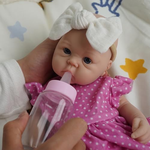 MYREBABY 12 Zoll Micro Reborn Babypuppen Mädchen, Vollsilikon Babypuppen, Realistische Weiche Neugeborene Babypuppe, Echtes Ganzkörper Silikon Baby mit Fütterungszubehör von MYREBABY