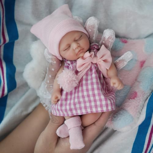 MYREBABY 17,8 cm Reborn Babypuppe, Silikonpuppe Mädchen Liz, Mini Realistische Neugeborene Babypuppen Silikon Ganzkörper mit Fütterungszubehör & Geschenkbox von MYREBABY
