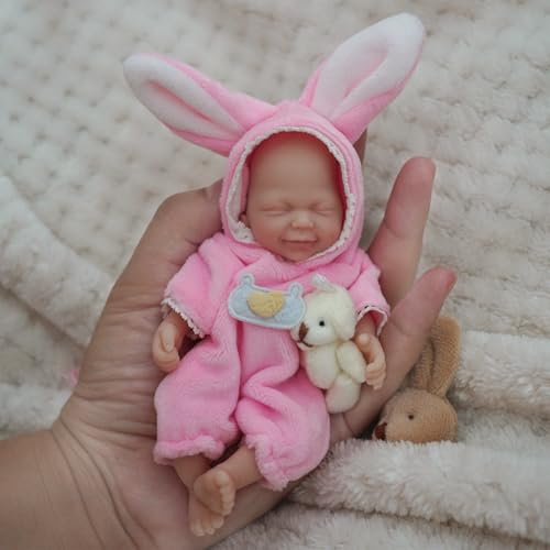MYREBABY 5,5 Zoll Mini Silikon Baby Mädchen Silikon Ganzkörper Baby Weiche Haut Realistische Neugeborene Babypuppen Geschlossene Augen Lächeln Baby mit Kleidung Zubehör von MYREBABY