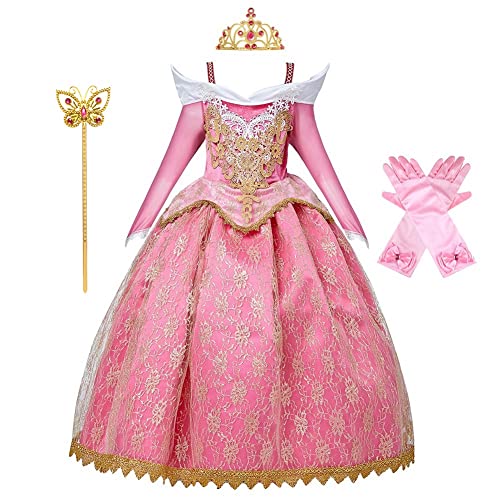 MYRISAM Mädchen Fancy Aurora Prinzessin Dornröschen Geburtstag Kleid Halloween Kostüm Karneval Cosplay Party Dress Up Outfit (mit Zubehör), 000 Kleid mit Accessoires, 7-8 Jahre von MYRISAM
