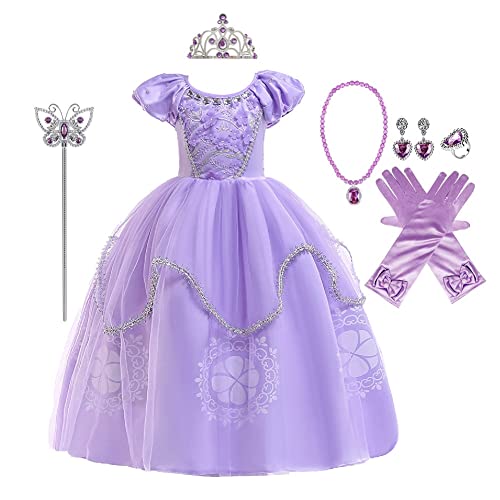 MYRISAM Sofia Kleid Karneval Verkleidung Mädchen Prinzessin Rapunzel Kinder Märchen Halloween Cosplay Weihnachten Abendkleid Zeremonie Geburtstag mit Zubehör 7-8 Jahre von MYRISAM