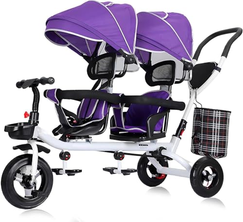 4 in 1 Doppelsitz-Kinder-Dreirad, Kleinkinder-Kinderwagen, abnehmbares Verdeck, klappbare Pedale, umkehrbarer Sitz, abnehmbares Geländer, Kinder-Dreirad für 1 bis 6 Jahre alte Kinder(Purple) von MYRTFK