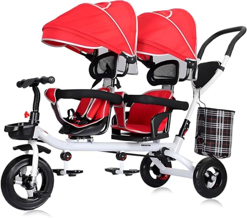 4 in 1 Doppelsitz-Kinder-Dreirad, Kleinkinder-Kinderwagen, abnehmbares Verdeck, klappbare Pedale, umkehrbarer Sitz, abnehmbares Geländer, Kinder-Dreirad für 1 bis 6 Jahre alte Kinder(Red) von MYRTFK