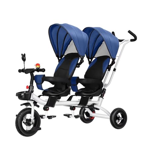 Dreiräder für 1-6-Jährige, zweisitziges Pedalfahrrad, Kinderwagen mit Sonnenschutz, in Zwei Richtungen drehbarer Sitz/Abnehmbarer hinterer Schiebegriff/einziehbare Pedale(Blue) von MYRTFK