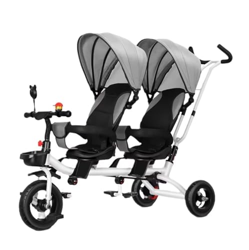 Dreiräder für 1-6-Jährige, zweisitziges Pedalfahrrad, Kinderwagen mit Sonnenschutz, in Zwei Richtungen drehbarer Sitz/Abnehmbarer hinterer Schiebegriff/einziehbare Pedale(Gray) von MYRTFK