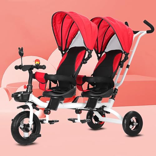 Dreiräder für 1-6-Jährige, zweisitziges Pedalfahrrad, Kinderwagen mit Sonnenschutz, in Zwei Richtungen drehbarer Sitz/Abnehmbarer hinterer Schiebegriff/einziehbare Pedale(Red) von MYRTFK