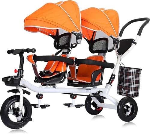 MYRTFK 4 in 1 Doppelsitz-Kinder-Dreirad, Kleinkinder-Kinderwagen, abnehmbares Verdeck, klappbare Pedale, umkehrbarer Sitz, abnehmbares Geländer, Kinder-Dreirad für 1 bis 6 Jahre alte Kinder(Orange) von MYRTFK