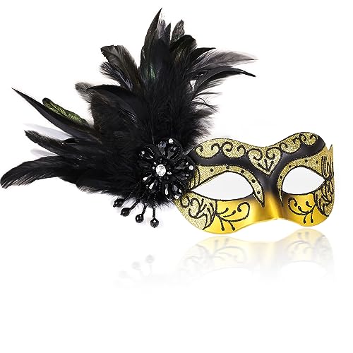2023 Maskerade Masken für Frauen mit Federn – venezianische Maske für Damen, Mascarade, Maskerade, Karneval, Halloween, Cosplay, Abschlussball, Weihnachten, Geburtstag, Hochzeit von MYSEUNI
