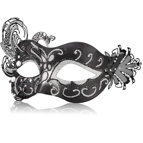 MYSEUNI Damen-Venezianische Maske Schwarz-Silberglänzend | Elegante Handbemalt Phoenix Maskenball Maske - Für Hochzeiten & Karneval passend, Halloween & Kostümpartys von MYSEUNI