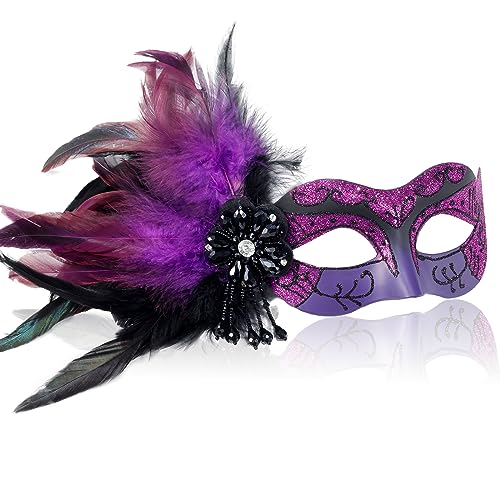 MYSEUNI 2024 Neue Maskerade-Masken für Damen, lila – Karnevalsmaske für Frauen mit Federn – venezianische Maske für Maskerade-Party, Halloween-Ball, Cosplay, Abschlussball, Weihnachten von MYSEUNI