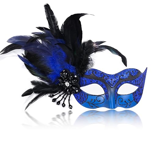 MYSEUNI 2023 Neue blaue und schwarze Maskerade Maske für Frauen mit Federn – Damen Mascarade venezianische Maske für Maskerade Party, Karneval, Halloween, Cosplay, Abschlussball, Weihnachten von MYSEUNI