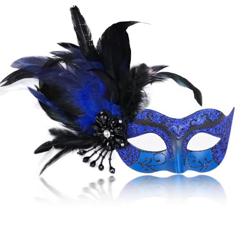 MYSEUNI 2025 Neue blaue und schwarze Maskerade-Maske für Damen mit Federn – venezianische Maske für Maskerade-Party, Karneval, Halloween, Cosplay, Abschlussball, Weihnachten MYSEUNI 2025 Neue blaue und schwarze Maskerade-Maske für Damen mit Federn – venezianische Maske für Maskerade-Party, Karneval, Halloween, Cosplay, Abschlussball, Weihnachten von MYSEUNI
