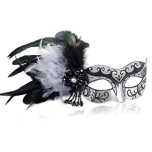 MYSEUNI 2023 Neue silberne Frauen-Maskerade-Maske mit Federn – Damen-Mascarade, venezianische Maske für Maskerade, Karneval, Halloween, Cosplay, Abschlussball, Weihnachten von MYSEUNI