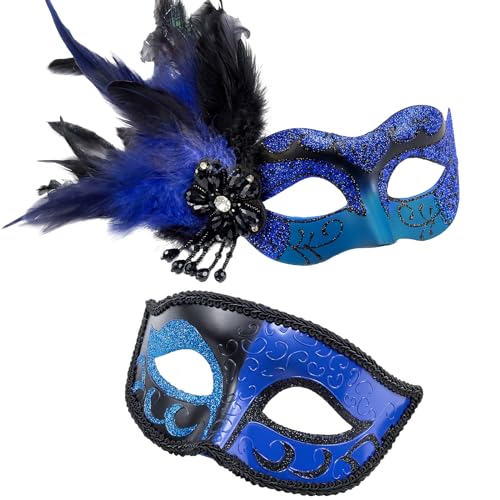 MYSEUNI 2024 Feder-Maskerade-Maske für Paare, Blau – Maskenballmaske für Damen – Maske für Herren und Damen, Maskerade-Kostüm für Halloween, Karneval, Cosplay-Party MYSEUNI 2024 Feder-Maskerade-Maske für Paare, Blau – Maskenballmaske für Damen – Maske für Herren und Damen, Maskerade-Kostüm für Halloween, Karneval, Cosplay-Party von MYSEUNI