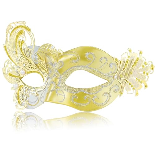 MYSEUNI 2024 Neue Gold Maskerade Maske für Frauen Schmetterling Party Masken für Erwachsene Maskerade Pfau Metall Filigrane venezianische Maske perfekt für Halloween-Partys, Kostümpartys, Karneval, von MYSEUNI