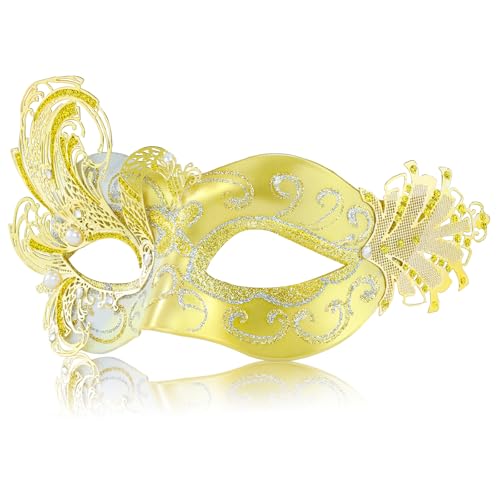 MYSEUNI 2024 Neue Gold Maskerade Maske für Frauen Schmetterling Party Masken für Erwachsene Maskerade Pfau Metall Filigrane venezianische Maske perfekt für Halloween-Partys, Kostümpartys, Karneval, von MYSEUNI