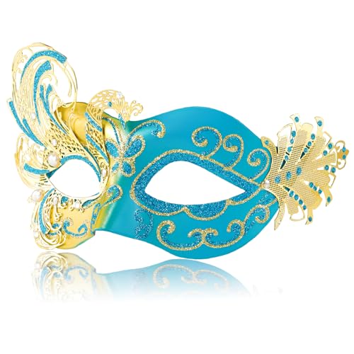 MYSEUNI 2024 Neue Gold und Blau Maskerade Maske für Frauen Schmetterling Maskerade Augenmaske für Frauen Pfau Metall Filigrane venezianische Maske perfekt für Halloween-Partys, Kostümpartys, Karneval, von MYSEUNI