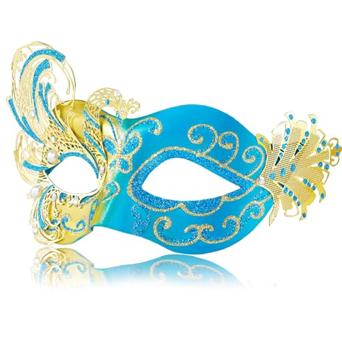 MYSEUNI 2024 Neue Gold und Blau Maskerade Maske für Frauen Schmetterling Maskerade Augenmaske für Frauen Pfau Metall Filigrane venezianische Maske perfekt für Halloween-Partys, Kostümpartys, Karneval, von MYSEUNI