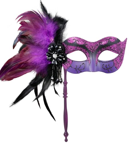 MYSEUNI 2024 Neue Lila Maskerade Maske für Frauen mit Stick - Glänzende Damen Feder Lila Karneval Maske für Halloween Party Karneval Cosplay Abschlussball Weihnachten Hochzeit Bar Kostüm Zubehör von MYSEUNI
