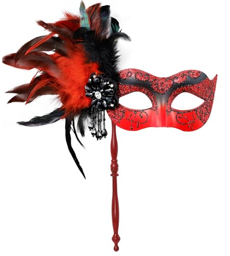 MYSEUNI 2024 Neue Rote Maskerade Maske für Frauen mit Haltestab - Glänzende Damen Feder Rot Karneval Maske für Halloween Party Karneval Cosplay Abschlussball Weihnachten Hochzeit Bar Kostüm Zubehör von MYSEUNI