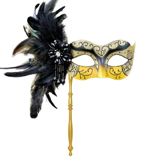 MYSEUNI 2024 Neue Schwarz und Gold Maskerade Maske mit Stick - Glänzende Damen Feder Gold Mardi Gras Maske für Halloween Party Karneval Cosplay Abschlussball Weihnachten Hochzeit Bar Kostüm Zubehör von MYSEUNI