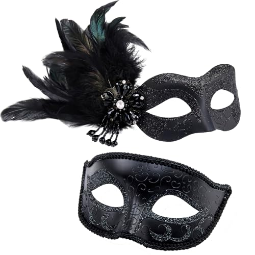 MYSEUNI 2024 Neue Schwarze Maskerade Maske für Paare Set - Damen Maskerade Maske mit Feder & Herren Kostüm Masken, Halloween Karneval Cosplay Party Ball Prom Maske von MYSEUNI