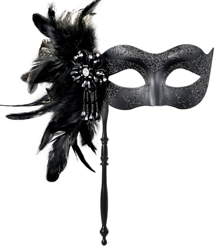 MYSEUNI 2024 Neue Schwarze Maskerade Maske mit Stick - Glänzende Damen Feder Karneval Venezianische Maske für Halloween Party Karneval Cosplay Abschlussball Weihnachten Hochzeit Bar Kostüm Zubehör von MYSEUNI