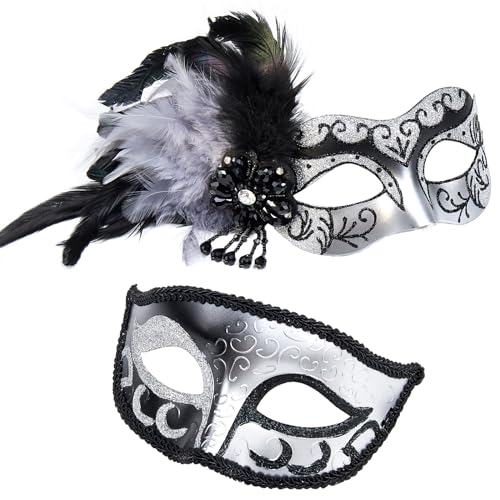 MYSEUNI 2024 Neue Silber Maskerade Maske mit Feder für Paare - Venezianische Maskerade Maske für Damen & Herren Karneval Maske Karneval Halloween Kostüm Maske von MYSEUNI