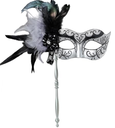MYSEUNI 2024 Neue Silber Maskerade Maske mit Stick - Glänzende Damen Feder Karneval Venezianische Maske für Halloween Party Karneval Cosplay Abschlussball Weihnachten Hochzeit Bar Kostüm Zubehör von MYSEUNI