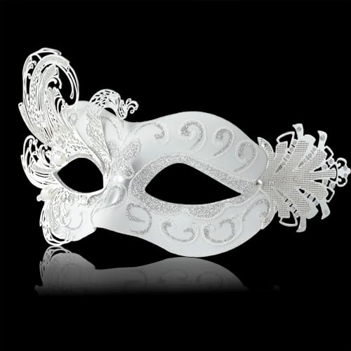 MYSEUNI 2024 Neue Weiße Maskerade Maske für Frauen Pfau Metall Maskerade Venezianische Maske Silber - Maske für Frauen Schmetterling - Karneval Halloween Parteien, Kostümparty, Karneval, Hochzeit von MYSEUNI