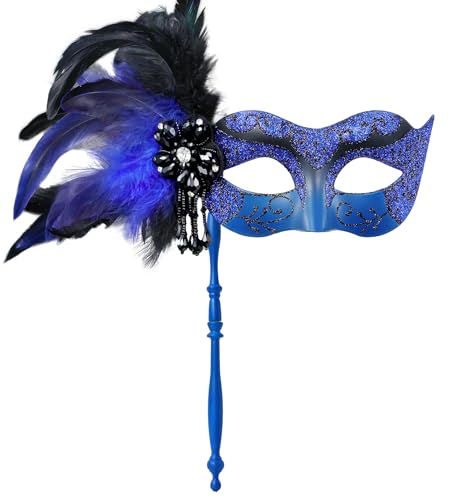 MYSEUNI 2024 Neue blaue und schwarze Maskerade Maske für Frauen mit Stick - Glänzende Damen Feder Karneval Venezianische Maske für Halloween Party Karneval Abschlussball Weihnachten Hochzeit Bar von MYSEUNI