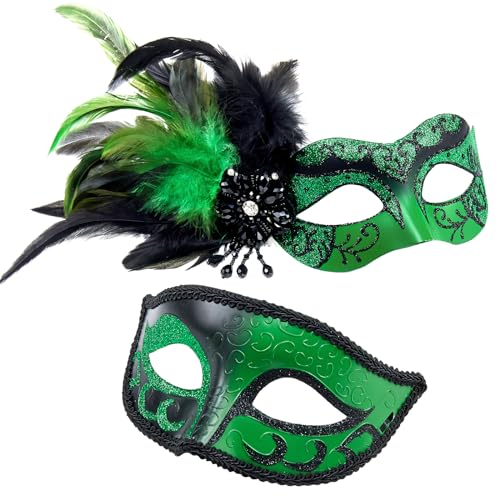 MYSEUNI 2024 Neue Grüne Maskerade-Maske mit Federn – Paar-Maske für Damen und Herren, Kostüm, Maskenball, Halloween, Karneval, Cosplay, Party, Ball, Abschlussball von MYSEUNI