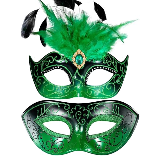 MYSEUNI 2025 Grüne Maskerade Maske für Frauen - Paar Maskerade Maske mit Federn - Verstellbares Stirnband für Halloween Karneval MYSEUNI 2025 Grüne Maskerade Maske für Frauen - Paar Maskerade Maske mit Federn - Verstellbares Stirnband für Halloween Karneval von MYSEUNI