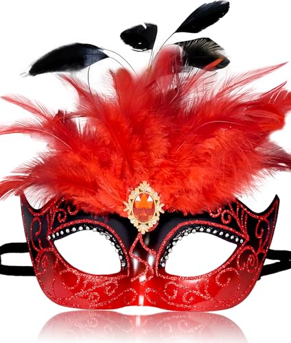 MYSEUNI 2025 Rote Maskerade Maske für Frauen - Venezianische Maske Frauen mit Federn für Maskerade Party, Weihnachten MYSEUNI 2025 Rote Maskerade Maske für Frauen - Venezianische Maske Frauen mit Federn für Maskerade Party, Weihnachten von MYSEUNI