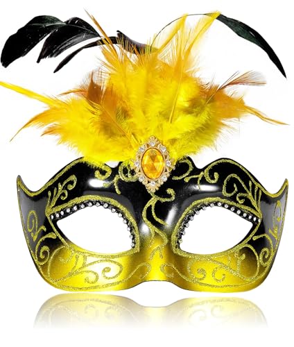 MYSEUNI 2025 Schwarz und Gold Maskerade Masken für Frauen mit Federn - Gold Venezianische Maske für Karneval, Weihnachten, Geburtstag MYSEUNI 2025 Schwarz und Gold Maskerade Masken für Frauen mit Federn - Gold Venezianische Maske für Karneval, Weihnachten, Geburtstag von MYSEUNI