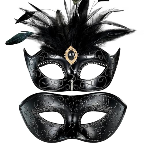 MYSEUNI 2025 Schwarze Maskerade-Maske für Paare, venezianische Karnevalsmaske mit Feder, verstellbares Stirnband für Halloween, Karneval MYSEUNI 2025 Schwarze Maskerade-Maske für Paare, venezianische Karnevalsmaske mit Feder, verstellbares Stirnband für Halloween, Karneval von MYSEUNI