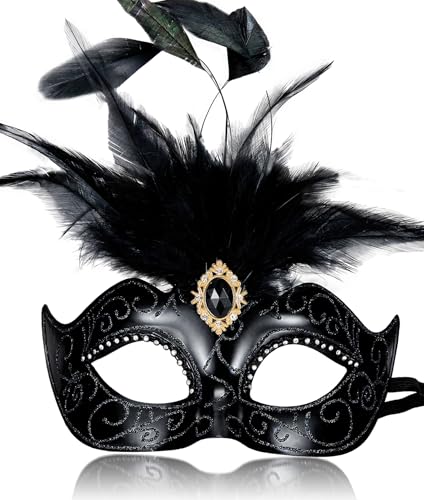 MYSEUNI 2025 Schwarze Maskerade-Masken für Damen mit Federn, venezianische Maske für Maskenball, Halloween MYSEUNI 2025 Schwarze Maskerade-Masken für Damen mit Federn, venezianische Maske für Maskenball, Halloween von MYSEUNI