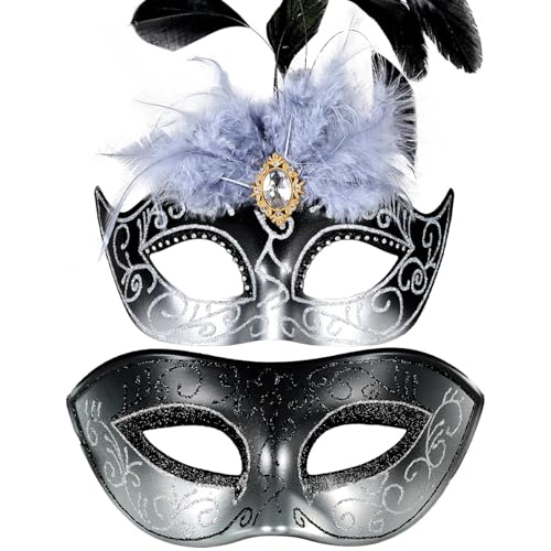 MYSEUNI 2025 Silber Maskerade Maske mit Federn für Paare - Venezianische Maskerade Maske Set für Karneval Karneval Halloween Kostüm MYSEUNI 2025 Silber Maskerade Maske mit Federn für Paare - Venezianische Maskerade Maske Set für Karneval Karneval Halloween Kostüm von MYSEUNI