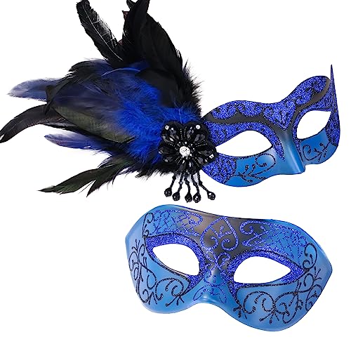 MYSEUNI Blaue Maskerade Maske für Paar Maskerade Maske für Frauen mit Federn & venezianische Maske Männer für Maskerade Party Karneval Halloween Cosplay Abschlussball Weihnachten von MYSEUNI