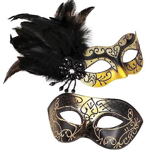 MYSEUNI Glod Maskerade Maske für Paare - Damen Maskerade Maske mit Federn & venezianische Maske Herren für Maskerade Party, Karneval, Halloween Cosplay Abschlussball, Weihnachten von MYSEUNI