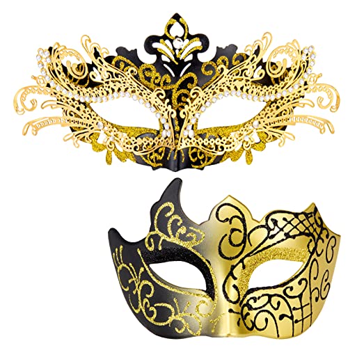 MYSEUNI Goldfarbene Maskenmasken für Paare – glänzende Strass-Metallfiligrane venezianische Maske und venezianische Herrenmaske für Karneval von MYSEUNI
