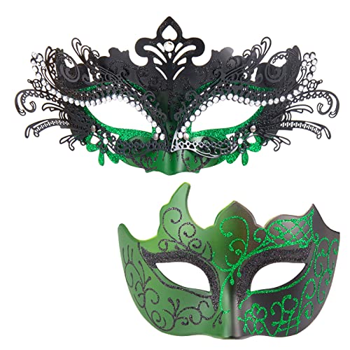 MYSEUNI Grüne Maskerade Maske für Paare – Glänzende Strasssteine Frauen Maskerade Maske & venezianische Herren Maskerade Maske für Halloween, Karneval, Weihnachten, Karneval, Hochzeit, Heimdekoration von MYSEUNI