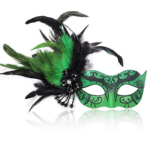 MYSEUNI Grüne Maskerade-Masken für Frauen mit Federn – Karnevalsmasken für Frauen – Mascarade venezianische Maske für Maskerade Party, Halloween, Cosplay, Abschlussball, Weihnachten, Geburtstag von MYSEUNI
